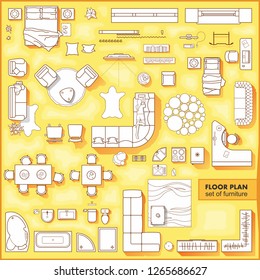 Floor plan icons set for design interior and architectural project (view from above). Furniture thin line icon in top view for layout. Blueprint apartment. Vector
