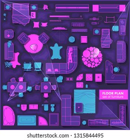 Floor plan icons set for design interior and architectural project (view from above). Furniture thin line icon in top view for layout. Blueprint apartment. Vector