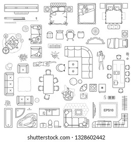 Floor plan icons set for design interior and architectural project (view from above). Furniture thin line icon in top view for layout. Blueprint apartment. Vector