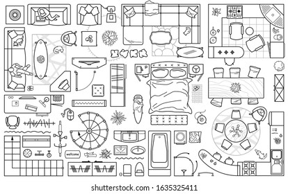 Floor Plan Icons Set For Design Interior And Architectural Project (view From Above). Furniture Thin Line Icon In Top View For Layout. Blueprint Apartment. Vector