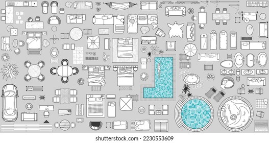 Floor plan icons set for design interior, architectural project (view from above). Furniture icon in top view for layouts of hotels, spas, recreation areas, pool. Resort apartment collection. Vector