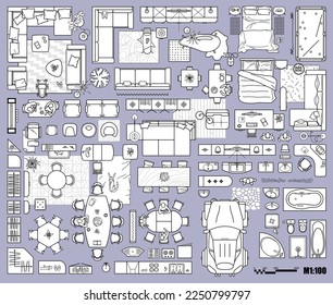 Floor plan icons set for design interior and architectural project (view from above). Furniture thin line icon in top view for layout. Blueprint apartment. Vector