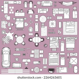 Iconos del plano de planta para el interior del diseño, proyecto arquitectónico (vista desde arriba). Icono de mobiliario en la vista superior para diseños de hoteles, spas, áreas de recreación. Recogida de apartamentos en el complejo. Vector