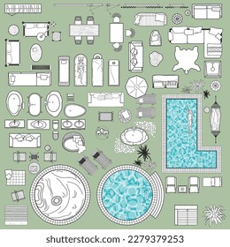 Floor plan icons set for design interior, architectural project (view from above). Furniture icon in top view for layouts of hotels, spas, recreation areas, pool. Resort apartment collection. Vector