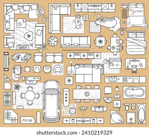 Floor plan icons set for design interior and architectural project (view from above). Furniture thin line icon in top view for layout. Blueprint apartment. Vector