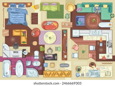 Floor plan icons set for design interior and architectural project (view from above). Furniture colored icon in top view for layout. Cartoon apartment. Vector