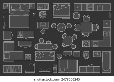 Floor plan icons set for design interior and architectural project (view from above). Furniture thin line icon in top view for layout. Blueprint apartment. Vector