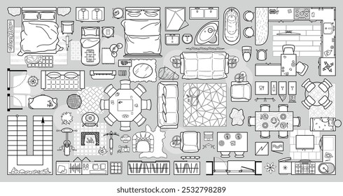 Floor plan icons set for design interior and architectural project view from above. Furniture line icon in top view for layout. Collection for arranging and filling rooms of apartment, house. Vector