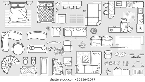 Floor plan icons set for design interior and architectural project view from above. Furniture line icon in top view for layout. Collection for arranging and filling rooms of apartment, house. Vector