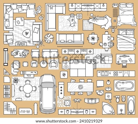 Floor plan icons set for design interior and architectural project (view from above). Furniture thin line icon in top view for layout. Blueprint apartment. Vector