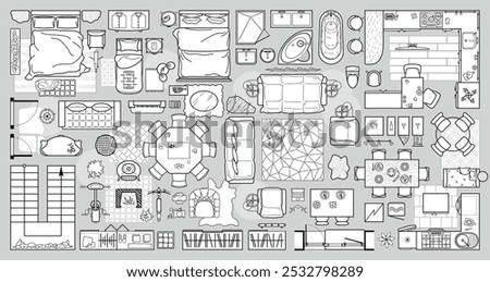 Floor plan icons set for design interior and architectural project view from above. Furniture line icon in top view for layout. Collection for arranging and filling rooms of apartment, house. Vector