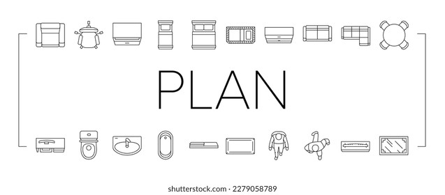 floor plan interior furniture icons set vector. architecture home, house design, room, construction, project view, apartment floor plan interior furniture black contour illustrations