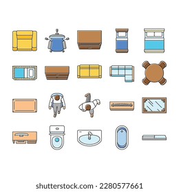 floor plan interior furniture icons set vector. architecture home, house design, room, construction, project view, apartment floor plan interior furniture color line illustrations