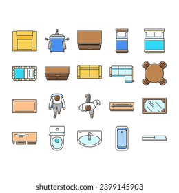 floor plan interior furniture icons set vector. architecture home, house design, room, construction, project view, apartment floor plan interior furniture color line illustrations