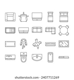 floor plan interior furniture icons set vector. architecture home, house design, room, construction, project view, apartment floor plan interior furniture black contour illustrations