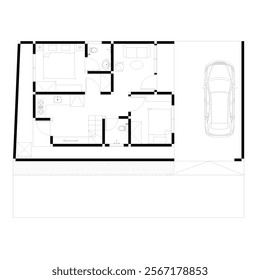 floor plan and interior plan of a small house in black and white sketch