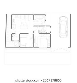 floor plan and interior plan of a small house in black and white sketch