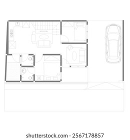 floor plan and interior plan of a small house in black and white sketch