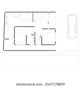 floor plan and interior plan of a small house in black and white sketch