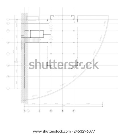 The floor plan of a large building is sketched with the dimensions of the distance between the structural columns