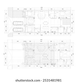 Plan en planta baja de una Grande y lujosa casa residencial de una sola planta con un Plan interior adecuado y una disposición espacial con dimensiones de la habitación Vista superior para ver el Plan del techo