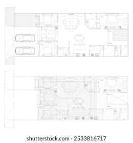 planta de chão ou planta de layout de uma grande e luxuosa residência com arranjo adequado de móveis