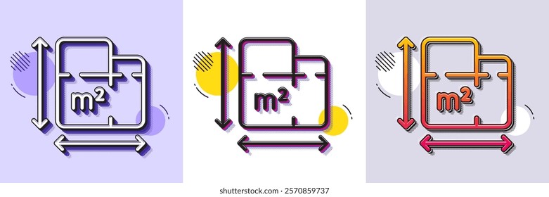 Floor plan line icon. Halftone dotted pattern. Gradient icon with grain shadow. Room dimension sign. House area measurement symbol. Line floor plan icon. Various designs. Vector