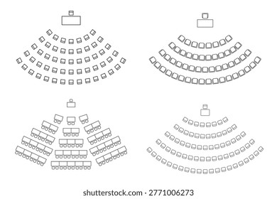 Floor plan line icon, table arrangement with chairs in circular layout for conference or meeting, top view design for interior planning and seating organization