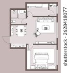 Floor plan of a modern apartment with one bedroom, bathroom and living area.