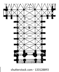 Floor Plan of the Nave of the Amiens Cathedral in Amiens, France, during the 13th century, vintage engraved illustration. Dictionary of Words and Things - Larive and Fleury - 1895