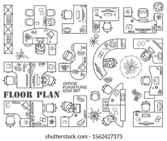 Floor Plan Of Office Or Cabinet In Top View. Desks (working Table), Chairs, Computers, Reception And Other Modular System Of Office Equipment. Furniture Icons In View From Above. Vector