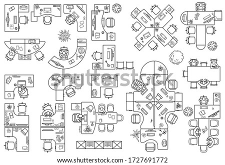 Floor plan of office or cabinet in top view. Desks (working table), chairs, computers, reception and other modular system of office equipment. Furniture icons in view from above. Vector