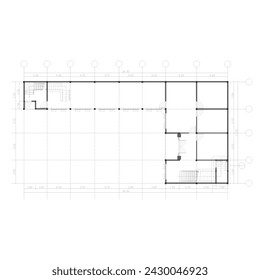 The floor plan of the office is equipped with room dimensions and grid