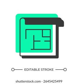 Floor plan offset shadow line icon. Apartment drawing showing arrangement of rooms. Building blueprint. Bold outline symbol with solid green fill. Modern flat illustration. Editable stroke