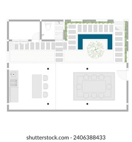 floor plan of open terrace and backyard, equipped with pantry, dining table, fish pond and toilet