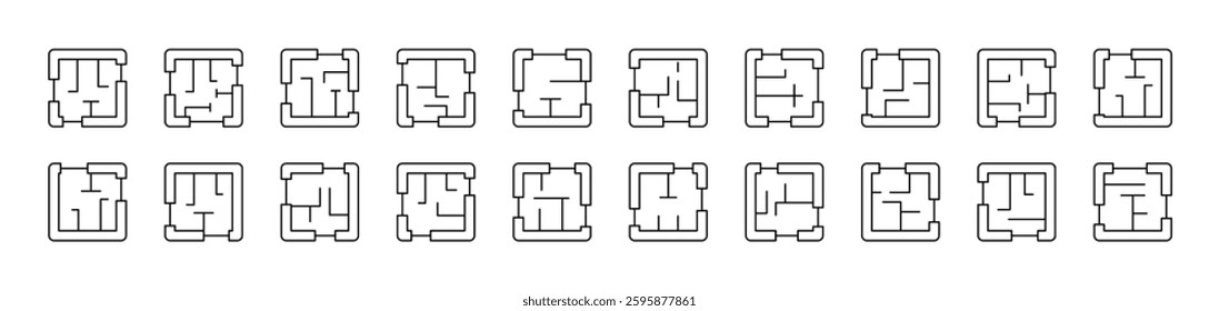 Floor Plan Pack of Thin Icons. Editable Stroke. Suitable for Web Sites, Books, Cards, Apps 