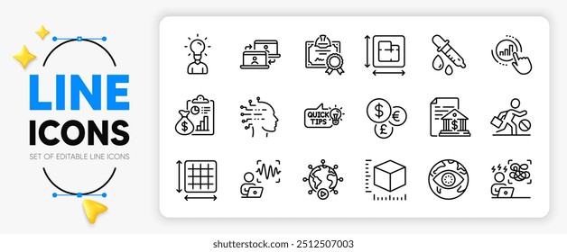 Planta de chão, tamanho do pacote e ícones da linha da pipeta de Química definidos para o aplicativo incluem documento bancário, Educação, ícone fino do esboço do relatório. Área quadrada, Videoconferência, ícone do pictograma Moeda. Vetor