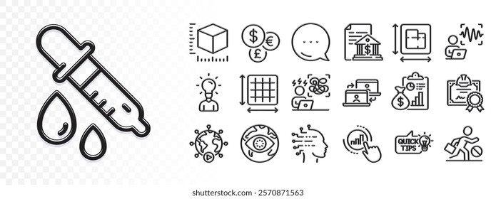 Floor plan, Package size and Chemistry pipette line icons for web app. Glare of light effect. Message icon. Pack of Bank document, Education, Report pictogram icons. Vector