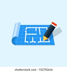 Floor plan with pencil flat icon vector