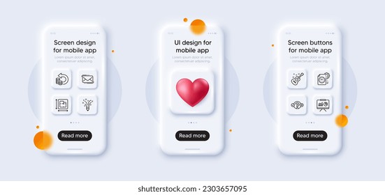 Plano de planta, paquete de iconos de la línea de presentación e inspiración. El teléfono 3d se burla del corazón. Pantalla de teléfono inteligente de vidrio. Correo de mensajería, plazo del proyecto, icono web de guitarra. Vector