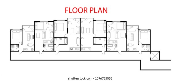 Floor plan project 1 Bedroom and 1 Bathroom. Apartment, studio, condominium, flat. Black and white house floor plan, blueprint. One bedroom house/apartment with furniture.