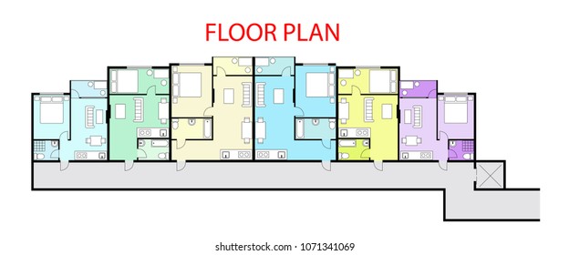 Floor plan project apartment, studio, condominium, flat. Color house floor plan, blueprint. One bedroom house/apartment with furniture. 1 Bedroom.