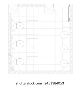 floor plan of a public restroom with multiple sitting toilets and sinks