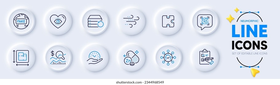 Plano de piso, servidor de recuperación y Comprobar iconos de línea de inversión para aplicación web. Paquete de mineral de zinc, tiempo seguro, iconos de pictograma del clima de viento. Rompecabezas, código Qr, señales de la instalación residencial. Noticias falsas. Vector