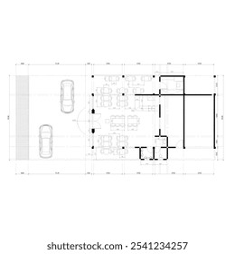 planta do restaurante com arranjo de móveis e dimensões de edifício ou sala. há também uma pista de carro para entrega