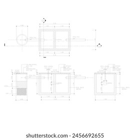 Das Paket des Bodens und die Abschnitte des Klärgrubenbehälters sind Skizzen mit Abmessungen und Anmerkungen