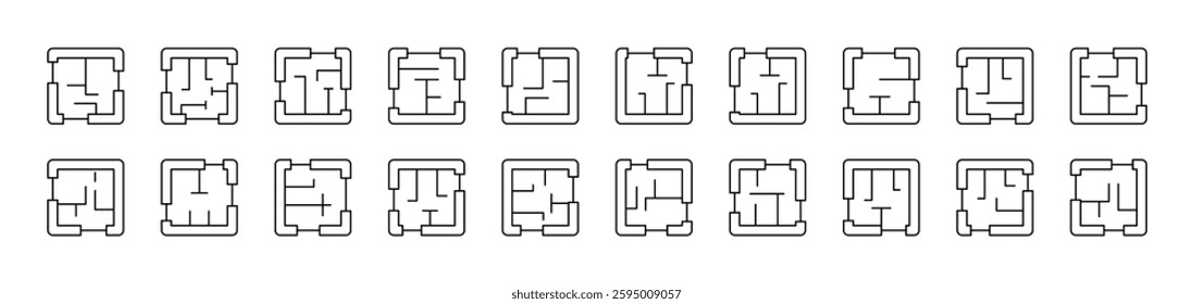Floor Plan Set of Thin Icons. Editable Stroke. Suitable for Web Sites, Books, Cards, Apps 