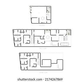 floor plan sketch of a building for a three-story apartment with a basement