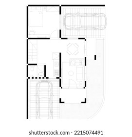 esbozo de plano de piso y plan interior de una casa estrecha o pequeña con dos aparcamientos