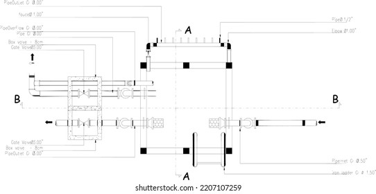 floor plan sketch of reservoir tank with inlet and outlet pipes for distribution